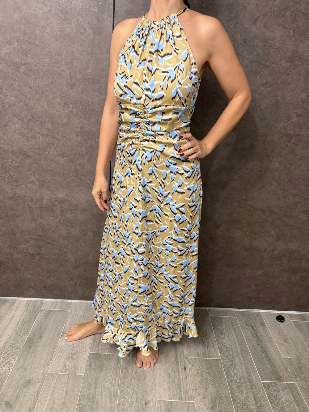 Halter Maxi Dress in Beige with Blue Leaf Print